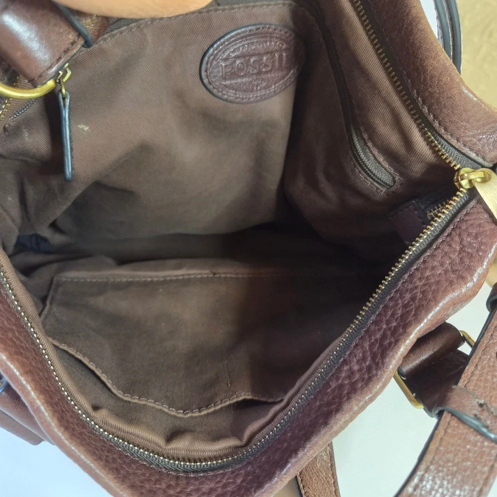 Fossil Preston Explorer Zip Around  Brown Pebbled Leather Tote Crossbody Bag